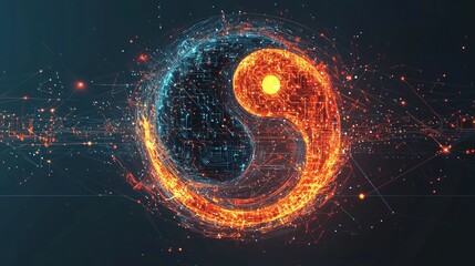 Digital yin-yang symbol illuminated in blue and orange hues, representing harmony and balance.