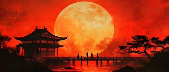 Obraz premium A serene landscape featuring a traditional pagoda silhouetted against a vivid red sky and a large moon, creating a mystical ambiance that captures the essence of cultural heritage.