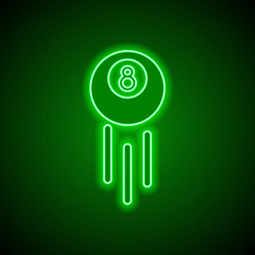 Billiard 8-ball simple icon. Flat design. Green neon on black background with green light