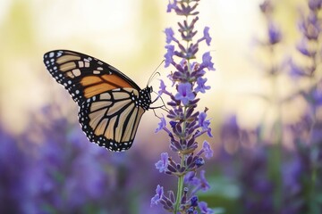 Fototapeta premium A monarch butterfly perched on a purple flower, a symbol of beauty and life