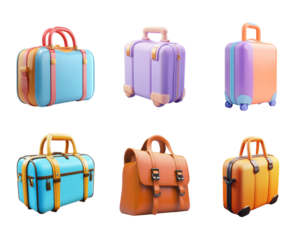 Pack PNG Travel Bag in a 3D Rendering Isolated Against a Transparent Background set