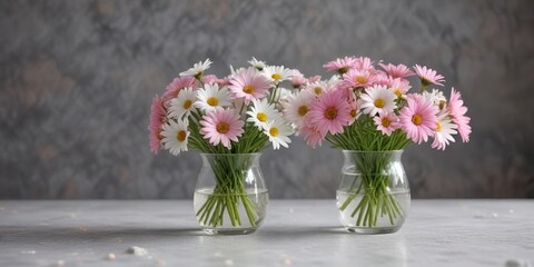 Fototapeta premium Dainty daisies in shades of white and pink arranged in a small, delicate glass vase on a soft, gray stone background, simple elegance , daisies, tiny flowers