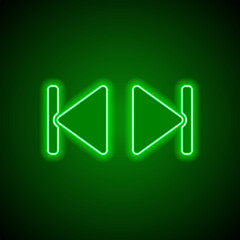 Back next musical simple icon. Flat design. Green neon on black background with green light