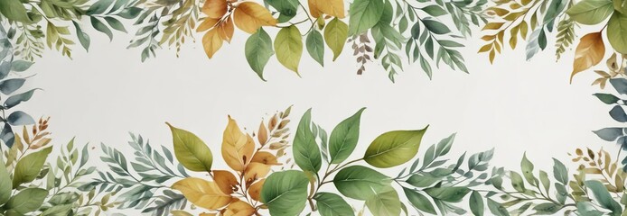 Watercolor leafy border arrangement on white background, stylish, leafy pattern, organic, elegant frame