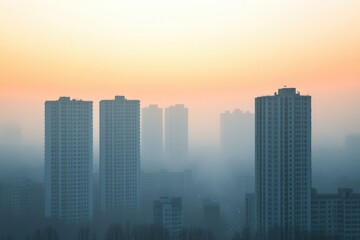 Fototapeta premium A plane flies over a city with tall buildings and urban landscape