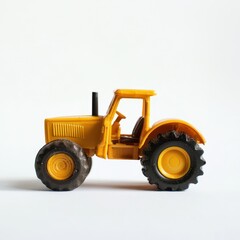 A bright yellow toy tractor with detailed features, perfect for children's playtime and educational purposes.