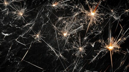 Fototapeta premium A firework sparkler scene, showcasing multiple bright sparklers with long sparkling trails crisscrossing, filling the black background with a magical glow.