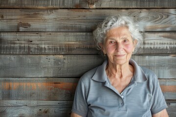 Portrait of a satisfied woman in her 80s wearing a sporty polo shirt in front of rustic wooden wall