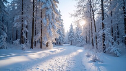 Fototapeta premium winter forest in the winter, snowy forest with snow-covered trees, sunlight shining through the branches, a thin layer of frost on the ground