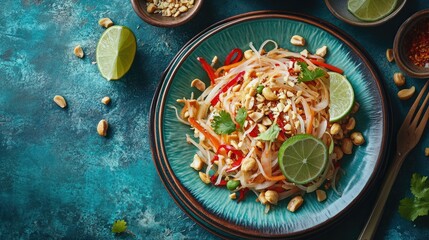 Fresh and Vibrant Pad Thai with Lime and Peanuts on Colorful Plate