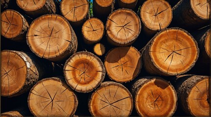 Stacked logs showcasing natural wood grain in a sunny forest setting