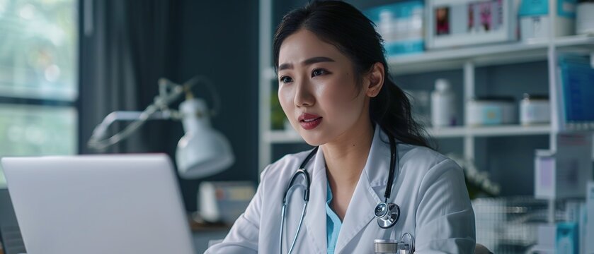 Asian Woman Doctor conducting online consultation using laptop in her clinic office