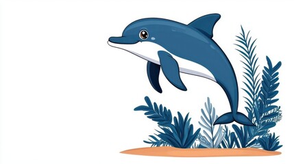 Fototapeta premium Cute cartoon illustration of a happy dolphin jumping through a festive wreath with big glowing eyes, isolated white background.