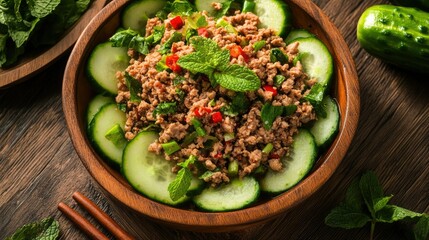 Fresh Minced Meat Salad with Cucumber and Mint on Wooden Table