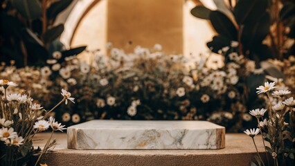 Marble product podium with garden daisies, floral summer background.