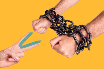 Composite photo collage of hands wear metal chain bracelet captive cut scissors open freedom...