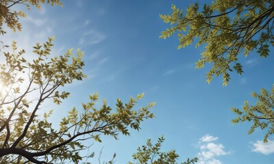 Fototapeta premium Delicate leafy branches stretch towards the vast expanse of a clear blue sky, outdoor textures, serene ambiance