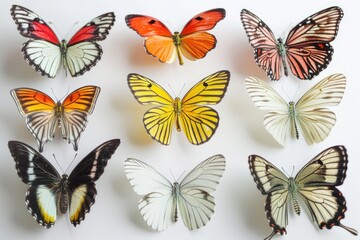 A group of colorful butterflies perched on a clean white surface
