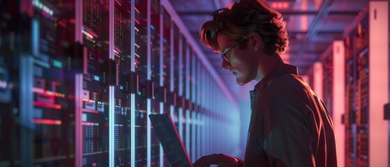 Computer Engineer Troubleshooting IT Issues in Modern Data Center