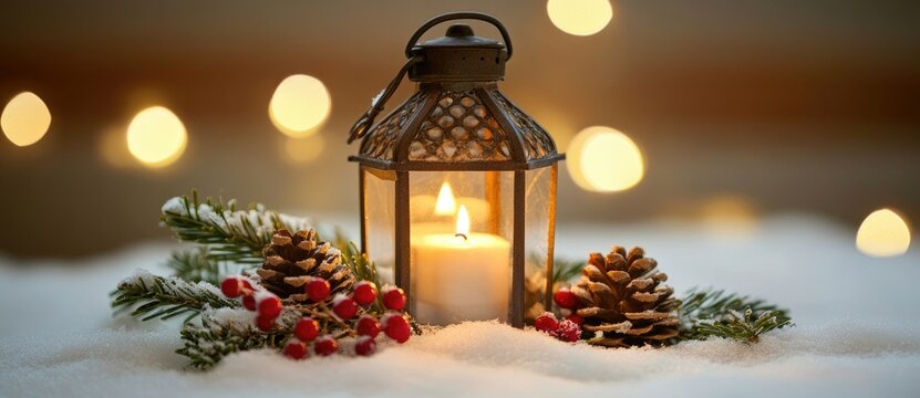 A glowing Christmas lantern with pinecones and red berries on snow, creating a warm holiday atmosphere, perfect for festive cards, banners, or winter designs
