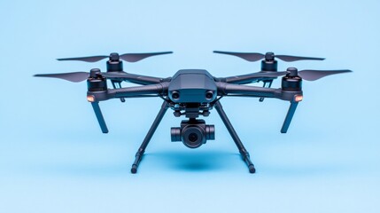 Drone's Aerial Perspective: Modern drone stands prominently, its rotors poised for flight. A technological marvel on a simple background