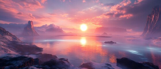 Majestic Sunset Over Tranquil Waters with Vibrant Colors and Dramatic Rocky Landscape in a Serene Natural Environment