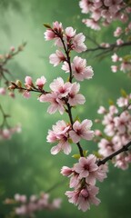 Obraz premium Delicate pink cherry blossom branches in a lush green background, pink cherry blossom branch, leaves, nature