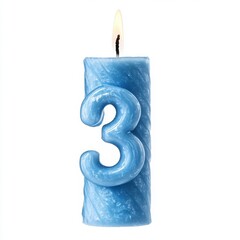 A hyper-realistic depiction of a blue number three candle, isolated on a pure white background
