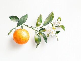 Citrus with wildflowers concept. Vibrant orange fruit with green leaves and white blossoms on a clean background. watercolor style.