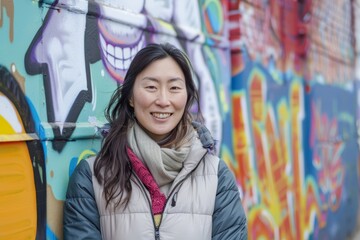 Portrait of a glad asian woman in her 30s dressed in a thermal insulation vest isolated in colorful...