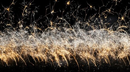 An array of sparklers igniting simultaneously, creating a shimmering wall of light with dynamic golden and white trails, set against a deep black backdrop.