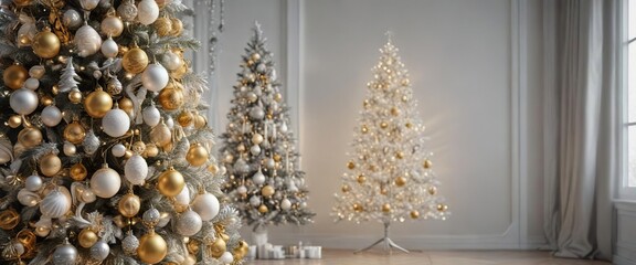 White Christmas tree decorated with silver and gold ornaments hanging from the branches, white, holiday