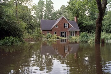 Fototapeta premium Submerged Brick House in Floodwaters, Trees Surround