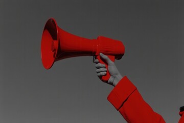 Dramatic Monochrome Image of Activist Using Megaphone in Red Coat