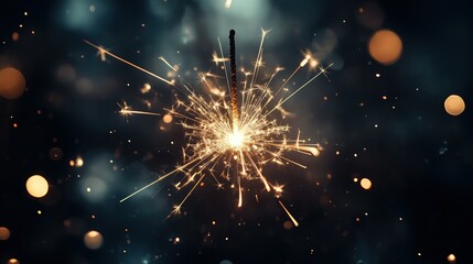 Obraz premium A single sparkler in focus with a mesmerizing explosion of sparkling lights, sharp trails and bursts surrounding the core on a dark background.