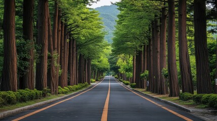 Obraz premium Serene Tree-Lined Road Surrounded by Lush Greenery and Nature
