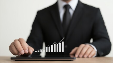 Businessman in Suit Analyzing Data on Tablet with Growth Chart Graphic Representing Financial Success and Corporate Development