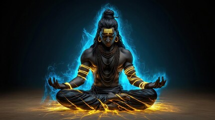 A photostock of Lord Shiva in a meditative pose surrounded by glowing flames, with a cosmic background symbolizing peace and power. High Quality