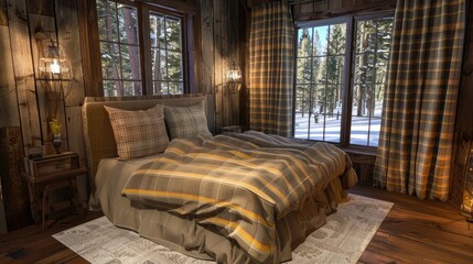 Fototapeta premium A bedroom in an earthy, modern cabin 