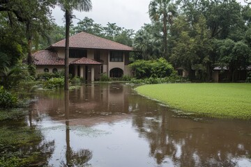 Obraz premium Flooded House in Lush Tropical Landscape After a Heavy Rainfall