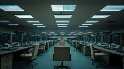 Vintage computer lab with CRT monitors and beige chairs in dim lighting.