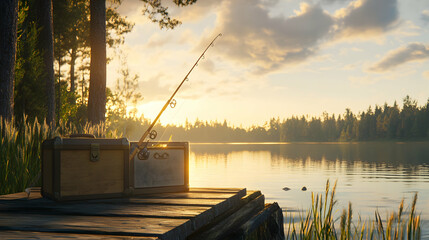 Obraz premium Fishing rod and tackle box on a dock overlooking a calm, sunlit lake.