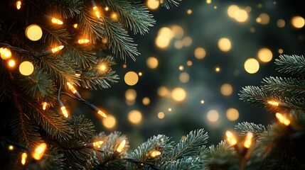Fototapeta premium A dreamy abstract Christmas background with golden blurred lights scattered among deep green pine branches, giving a soft glow and warm ambiance.