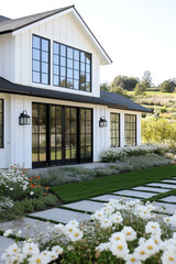 A white farmhouse with black windows and doors, sitting on top of lush green grass in the front yard surrounded by beautiful flowers, against a clear sky, with black steel details.