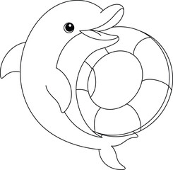 Dolphin with a Lifesaver Ring Coloring Page. Funny animal illustration colouring for kids