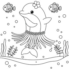 Dolphin in a Hula Skirt Coloring Page. Funny animal illustration colouring for kids