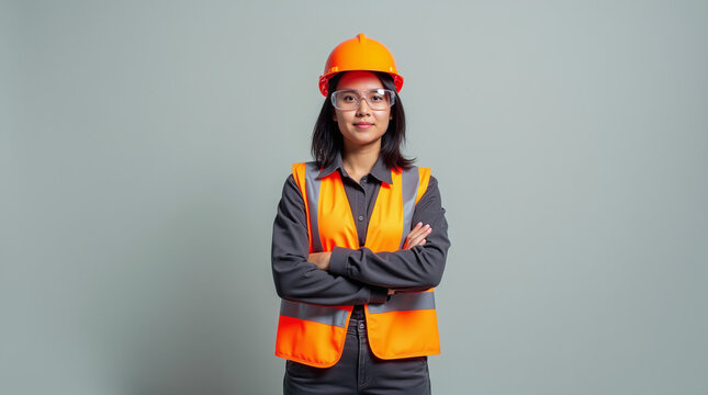 Confident construction worker in safety gear against a neutral background