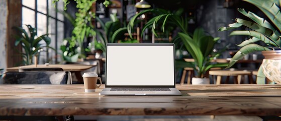 A Minimalist Workspace: Laptop, Coffee, and a Trendy Cafe Ambiance