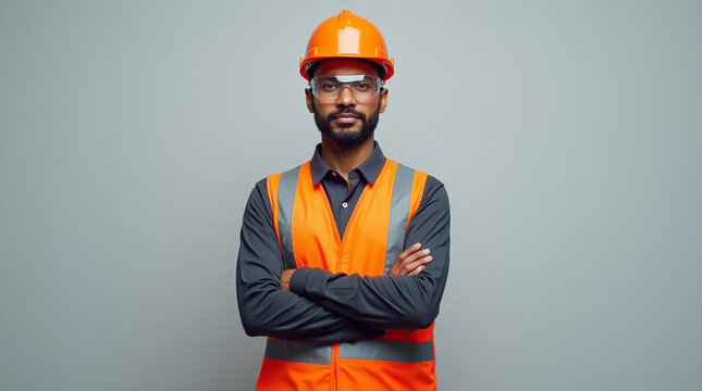 Confident construction worker in safety gear against a neutral background