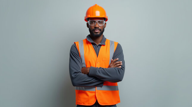 Confident construction worker in safety gear against a neutral background